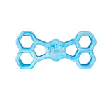 The Chuckit! Hol-ee Bone by Chuckit! is a blue bone-shaped dog toy with hexagonal holes at each end, made from durable translucent rubber. Great for interactive play, it also serves as a fun puzzle toy for your dog.