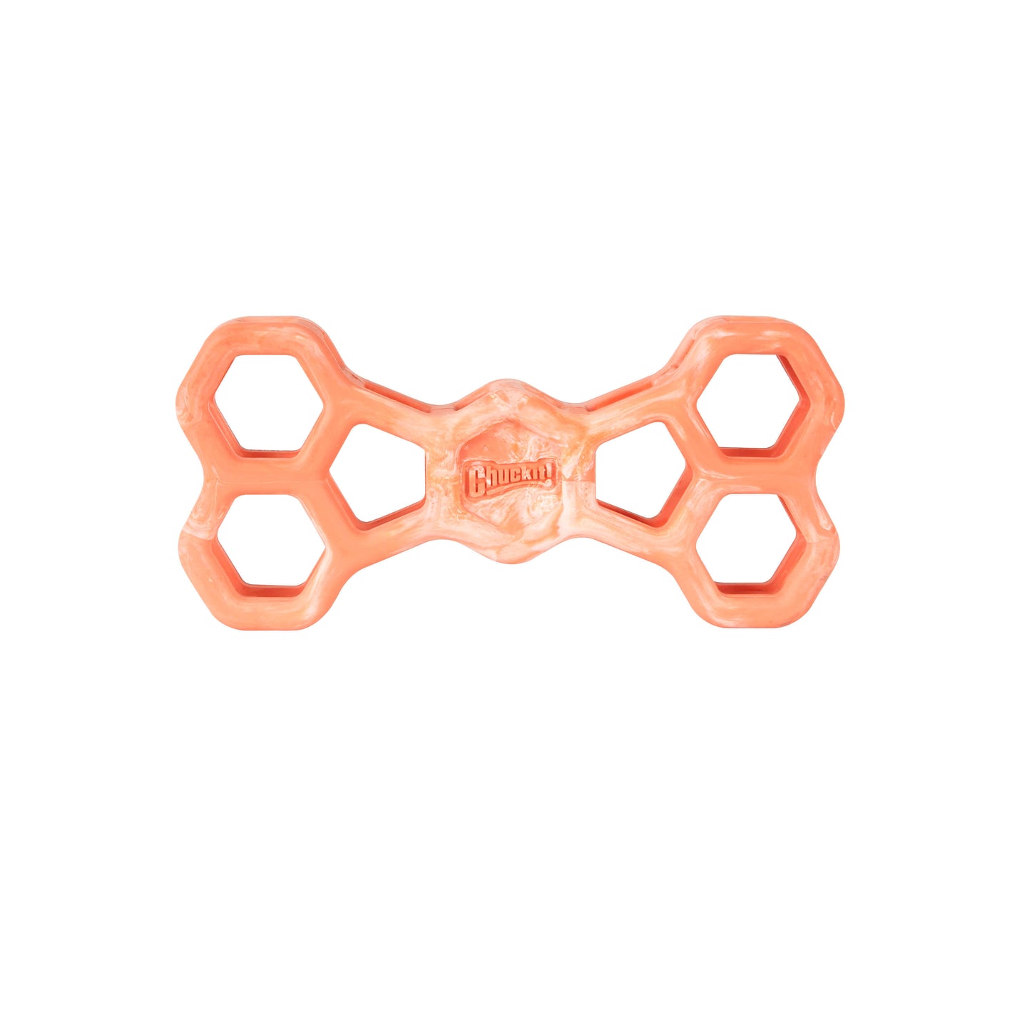 The Chuckit! Hol-ee Bone by Chuckit! is an orange, bone-shaped natural rubber dog toy featuring hexagonal cutouts and the brand name at the center. Durable and fun, this dog puzzle toy is shown on a white background.