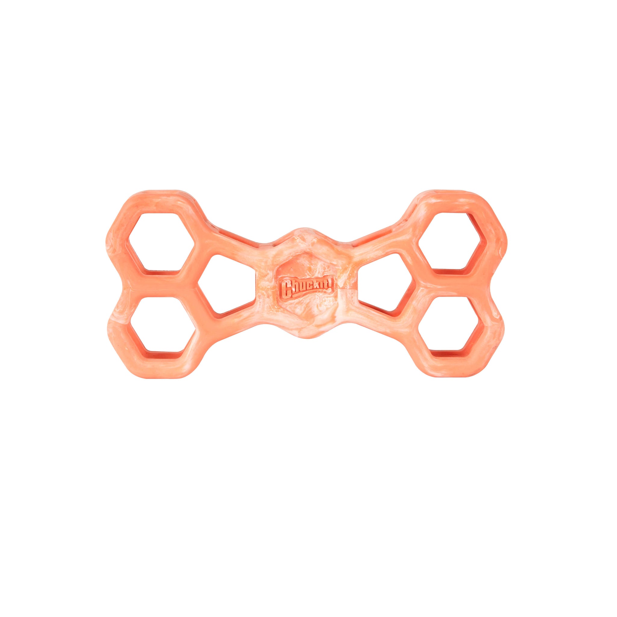 The Chuckit! Hol-ee Bone by Chuckit! is an orange, bone-shaped natural rubber dog toy featuring hexagonal cutouts and the brand name at the center. Durable and fun, this dog puzzle toy is shown on a white background.
