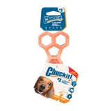 A Chuckit! Hol-ee Bone natural rubber dog toy with a hexagonal handle, shown in packaging featuring a brown dog and blue Chuckit! logo. The label indicates it’s a small Hol-ee Bone by Chuckit!.
