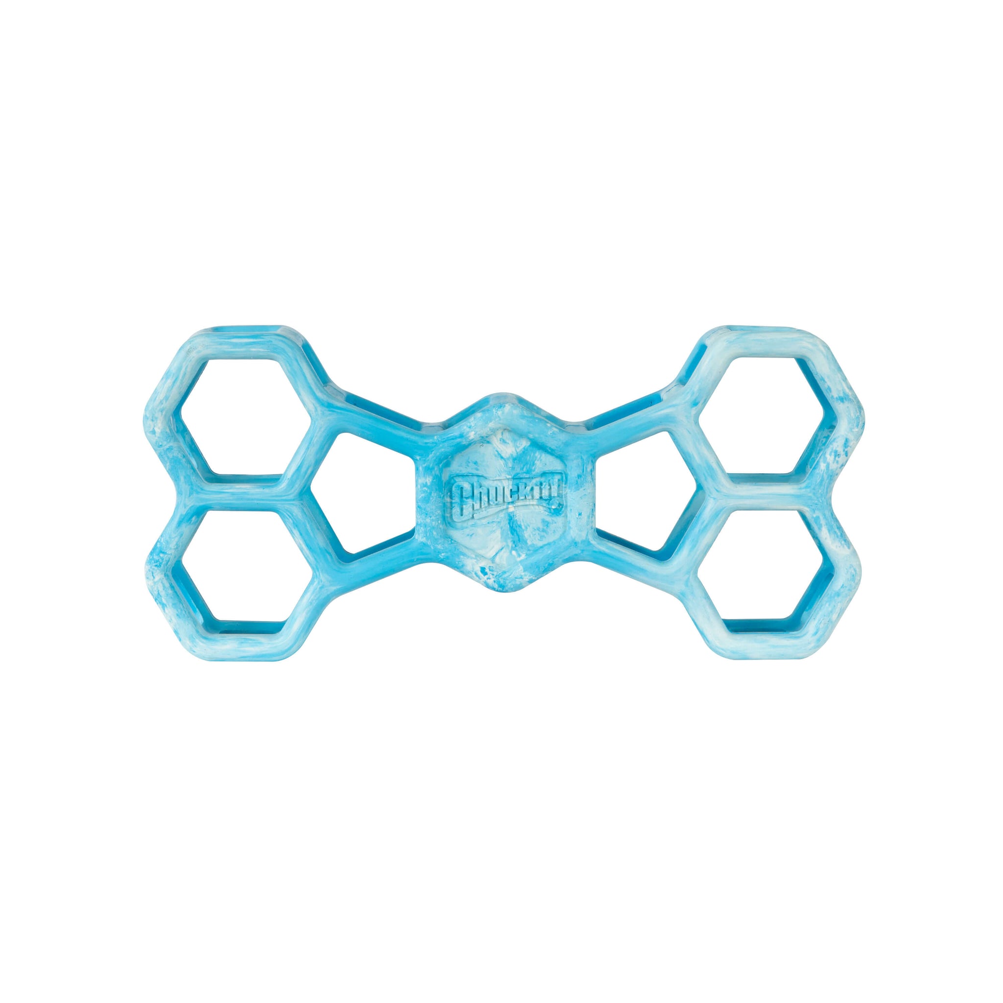 The Chuckit! Hol-ee Bone by Chuckit! is a blue, honeycomb-shaped natural rubber dog puzzle toy with a hexagonal pattern and "Chuckit!" embossed in the center, shown on a white background.