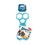 A Chuckit! Hol-ee Bone natural rubber dog toy in blue, featuring hexagonal openings, is shown in packaging with product details and an image of a brown and white dog. Brand: Chuckit!.