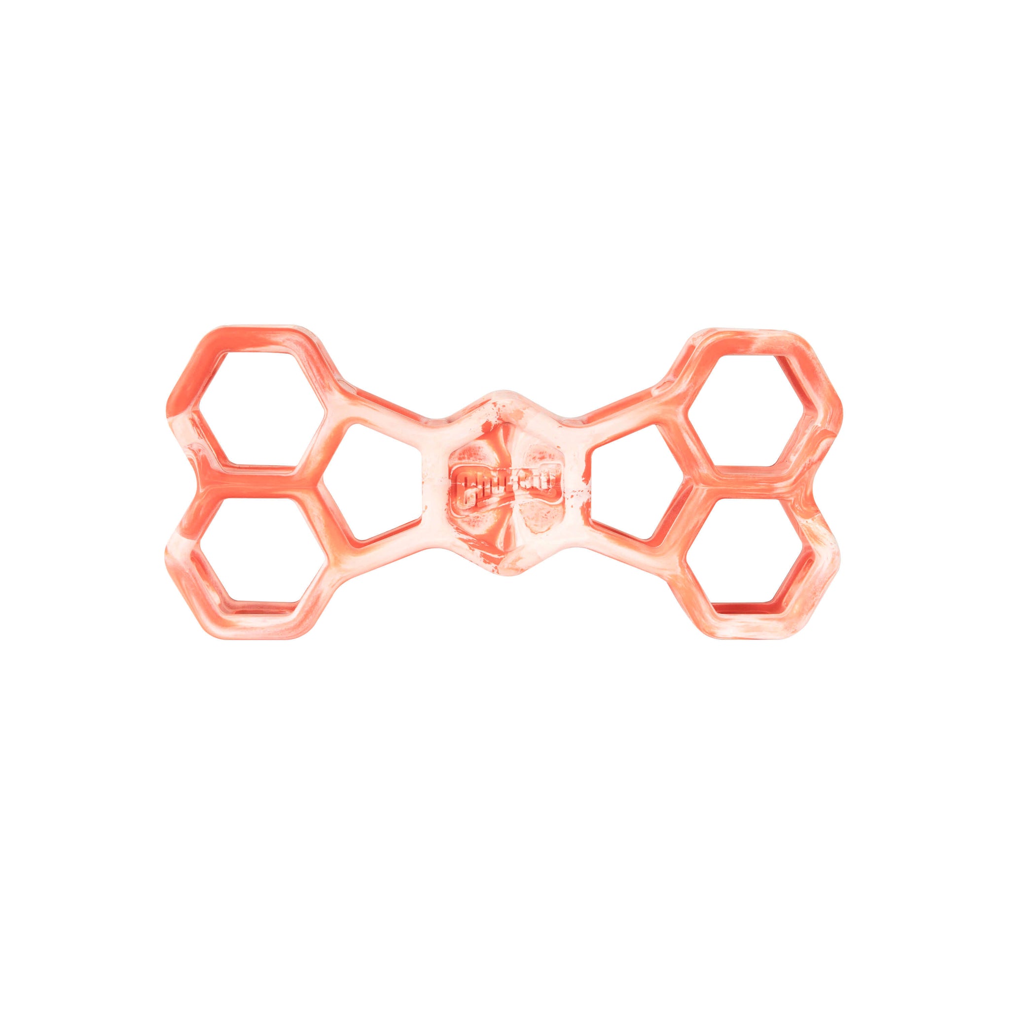 The Chuckit! Hol-ee Bone by Chuckit! is a translucent orange natural rubber dog puzzle toy, bone-shaped with hexagonal holes at each end and "bump" embossed in the center.