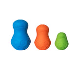 Three Chuckit! Tumble Teez Dog Treat Puzzle Toys by Chuckit! in blue, orange, and green—largest to smallest—feature a hexagonal grip pattern for treat-stuffing fun and a mental workout for your pup.