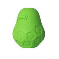 The Chuckit! Tumble Teez Dog Treat Puzzle Toy is a bright green, treat-stuffable rubber toy with a hexagonal pattern and Chuckit! logo, shaped like a rounded cone for extra fun.