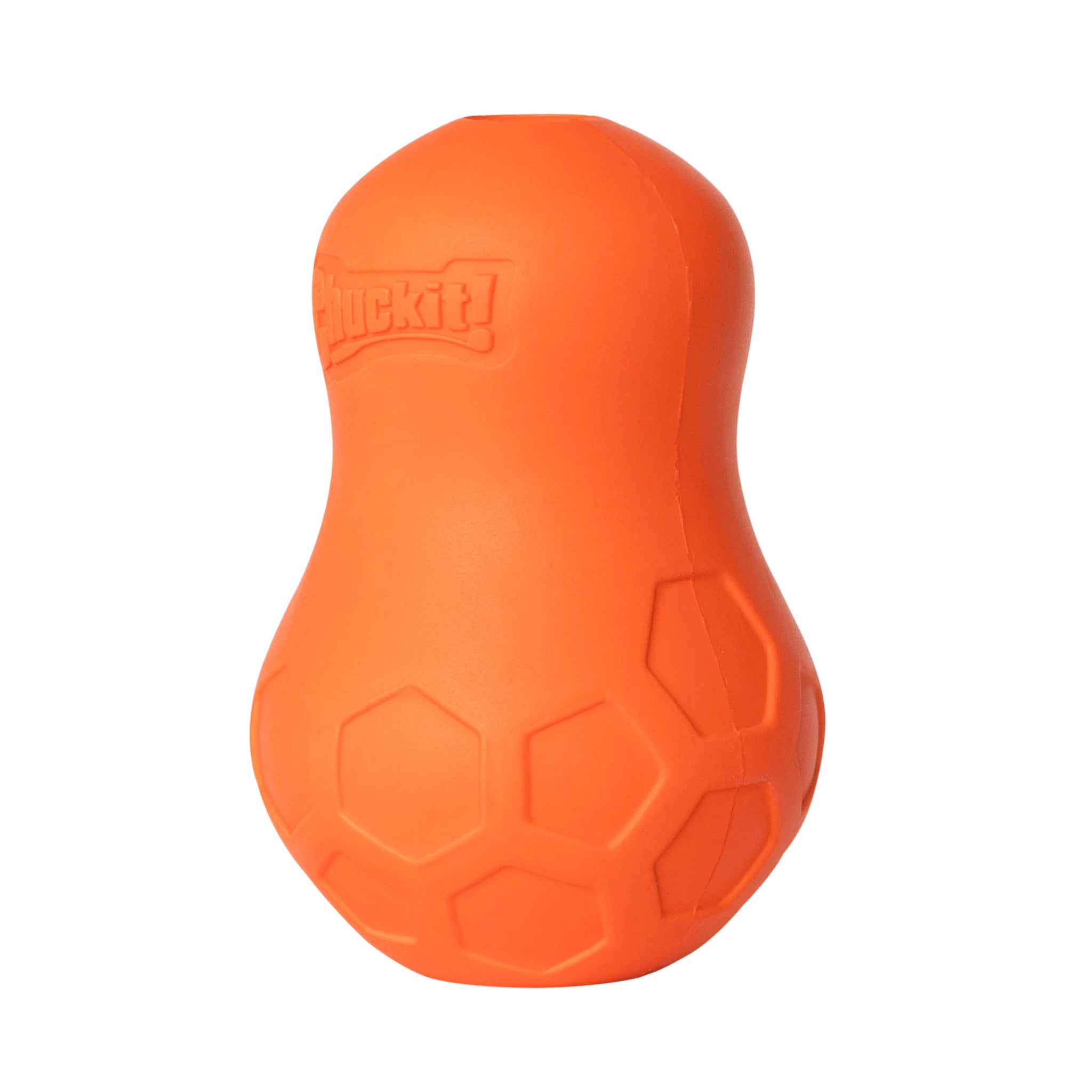 The Chuckit! Tumble Teez Dog Treat Puzzle Toy is an orange, peanut-shaped rubber toy for dogs with textured hexagonal patterns and the Chuckit! logo, designed to provide mental stimulation during play.