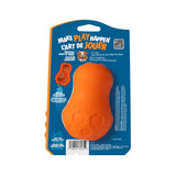 The Chuckit! Tumble Teez Dog Treat Puzzle Toy by Chuckit! is an orange, peanut-shaped dog toy with textured patterns, shown in blue Make Play Happen packaging that highlights its puzzle design and mental stimulation benefits.