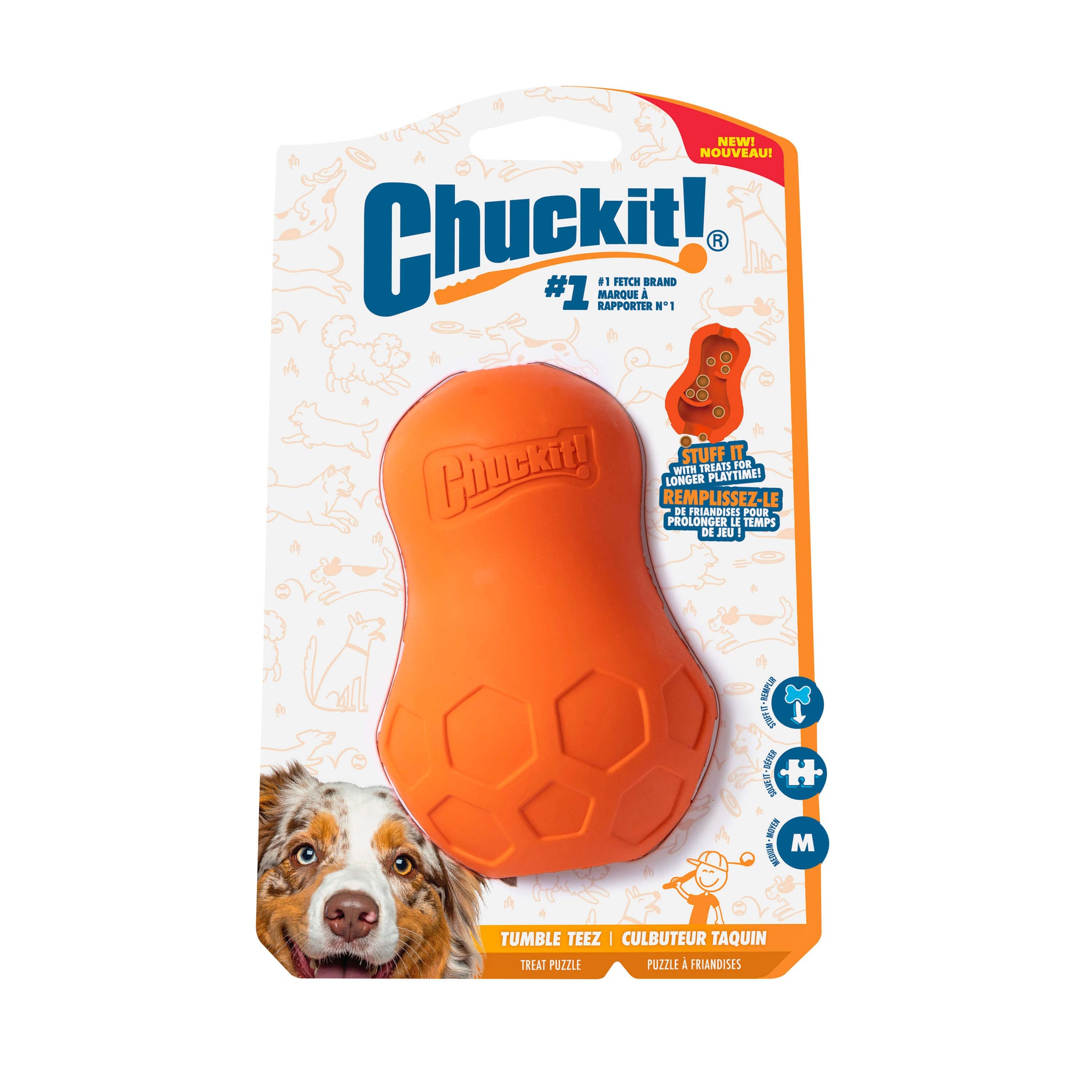 Chuckit! Tumble Teez Dog Treat Puzzle Toy by Chuckit! shown in medium orange packaging, with product details and a happy dog image bottom left. The package highlights its puzzle toy feature and durable design for dogs.