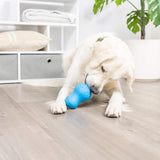 A golden retriever chews on a blue Chuckit! Tumble Teez Dog Treat Puzzle Toy by Chuckit! while lying on a light wood floor; shelves with towels and a green plant in the background make this puzzle one of the dog's favorite activities.