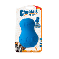 A Chuckit! Tumble Teez Dog Treat Puzzle Toy in blue, shown in branded packaging with a brown and white dog image—ideal for providing your pup with fun mental stimulation.