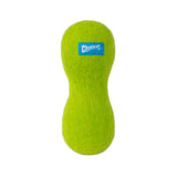 A bright green, peanut-shaped Chuckit! Wool-ee Bone made from natural wool with a fuzzy texture and a blue Chuckit! logo label on the top half.