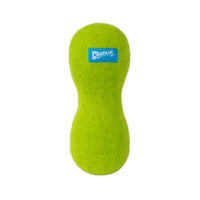 A bright green, peanut-shaped Chuckit! Wool-ee Bone made from natural wool with a fuzzy texture and a blue Chuckit! logo label on the top half.