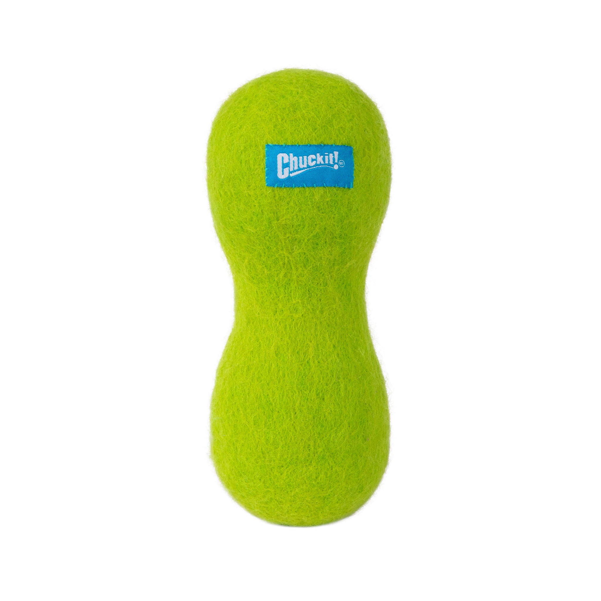 A bright green, peanut-shaped Chuckit! Wool-ee Bone made from natural wool with a fuzzy texture and a blue Chuckit! logo label on the top half.
