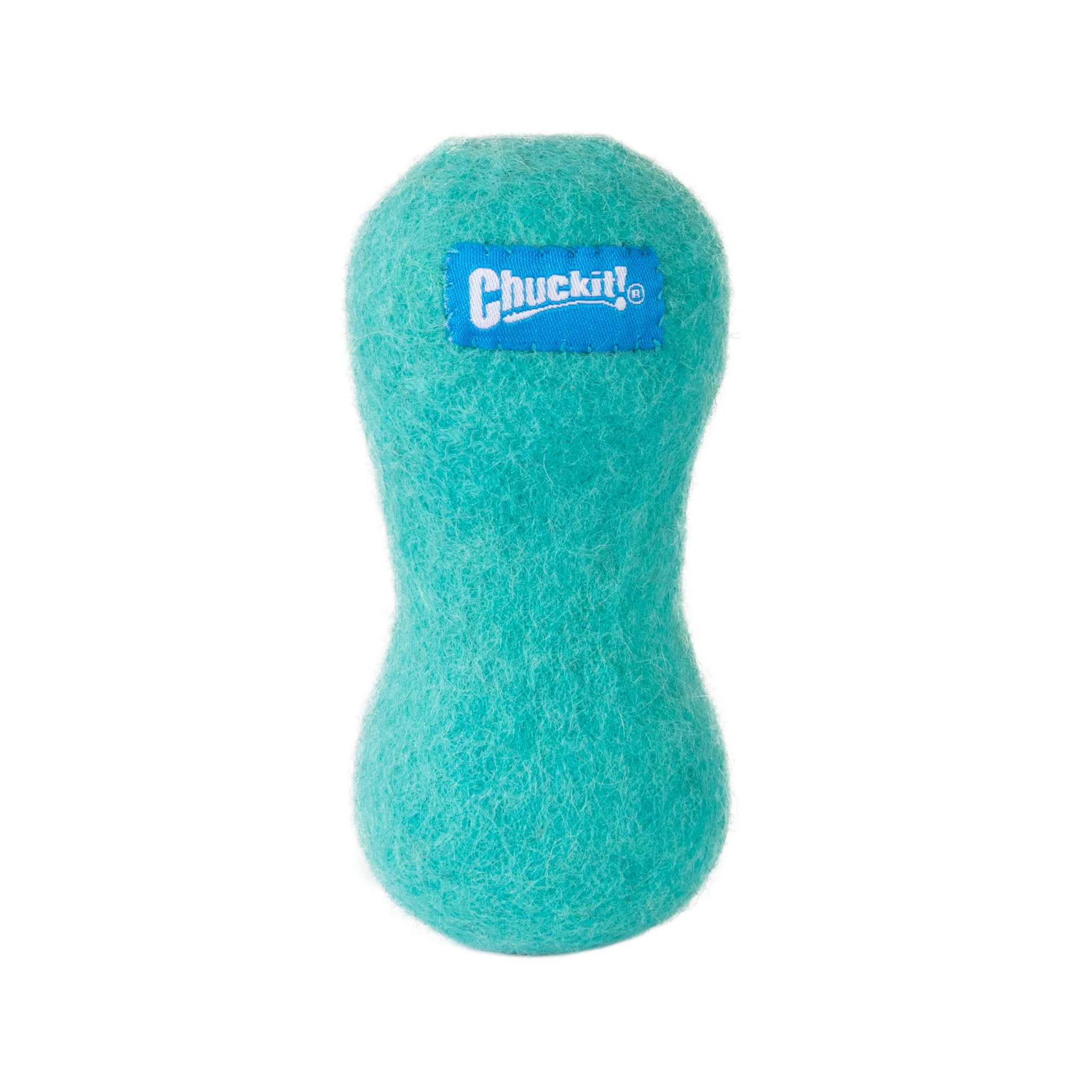 A blue-green, peanut-shaped Chuckit! Wool-ee Bone dog toy with a fuzzy texture and a blue Chuckit! label in the center, shown on a plain white background.