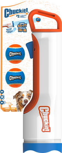 The Chuckit! Ultra Cannon by Chuckit comes in packaging with a white and orange launcher, two blue and orange balls, and a dog image. It launches balls up to 45 ft and is ideal for medium-sized dogs.