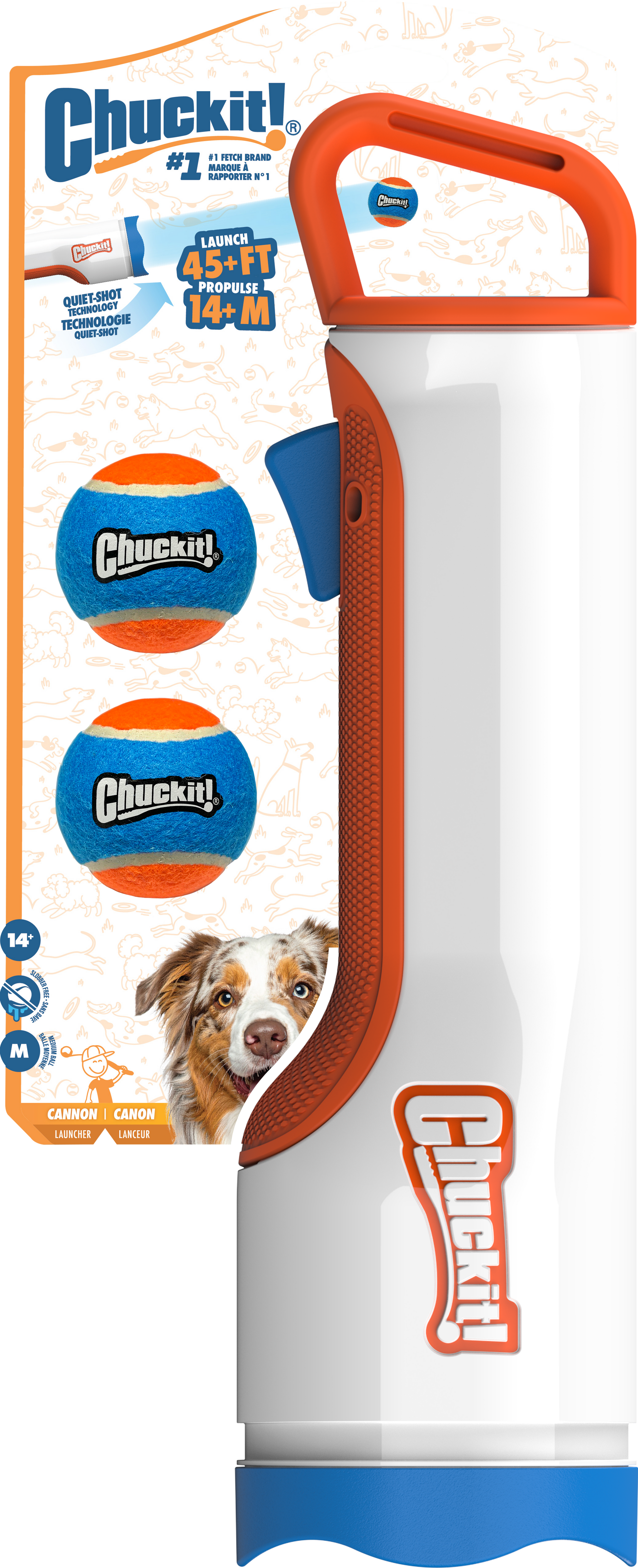 The Chuckit! Ultra Cannon by Chuckit comes in packaging with a white and orange launcher, two blue and orange balls, and a dog image. It launches balls up to 45 ft and is ideal for medium-sized dogs.