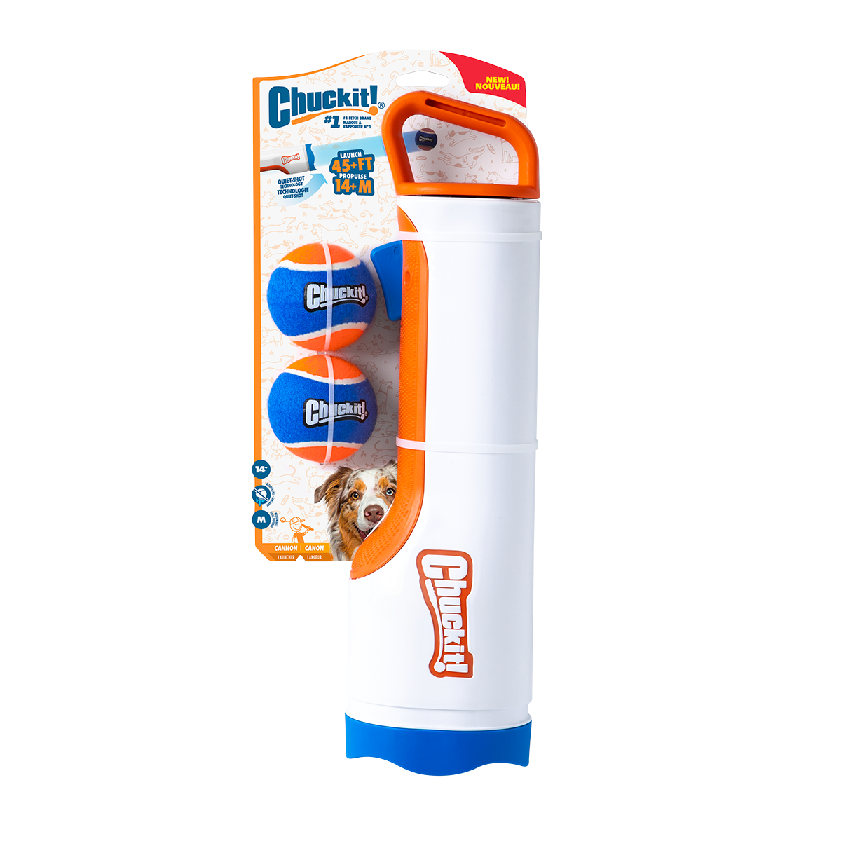 The Chuckit! Cannon & Cannon Max Dog Ball Launcher set by Chuckit! includes a white and orange launcher with two blue and orange tennis balls—ideal for active dogs who love to play fetch.