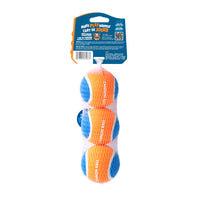 The Chuckit! Cannon Ball Small Dog Toy Balls for Fetch, 3 Pack by Chuckit! includes three orange and blue small balls in a mesh bag with a product label—perfect for use with the Chuckit! Ultra Cannon launcher.