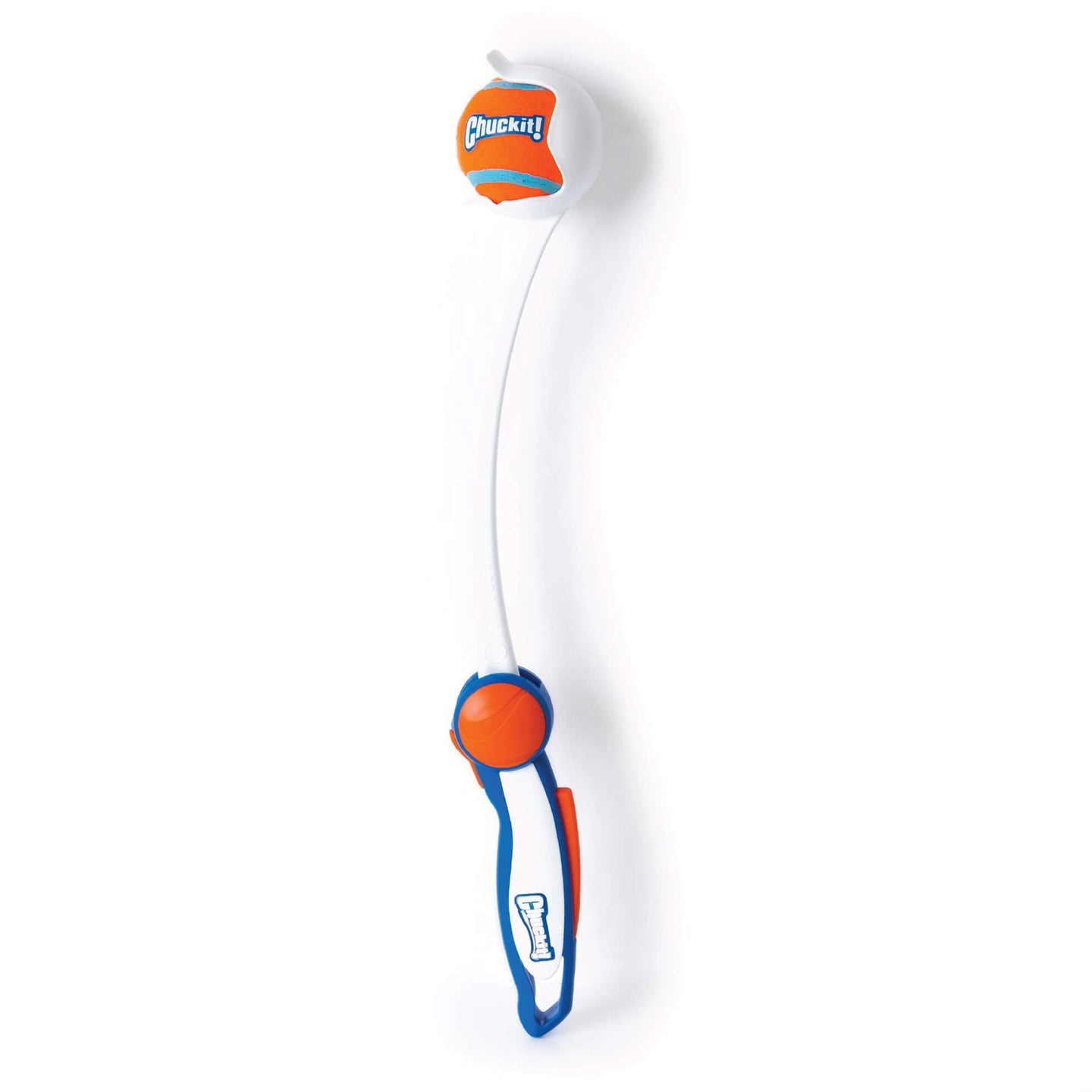 The Chuckit! Ultra Launcher with Ultra Ball 18M by Chuckit! is a blue and white dog ball launcher that includes an orange and white rubber ball, designed for long-distance fetching.