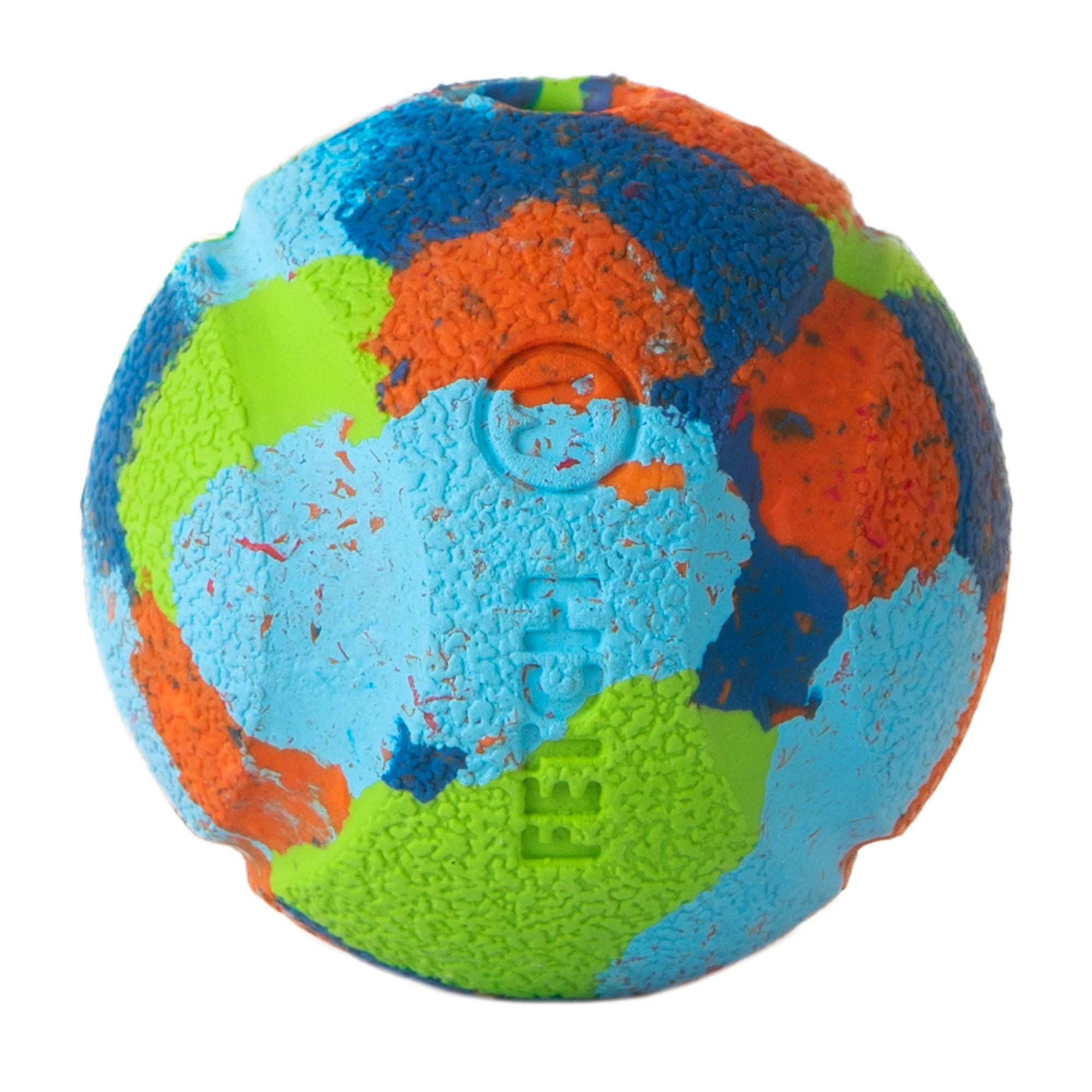 The Chuckit! EcoFetch Recycled Rubber Fetch Ball Medium by Chuckit features a textured surface with blue, green, and orange patches, crafted from recycled rubber. Its embossed text and rugged appearance give it a planet-like design and make it compatible with Chuckit! Launchers for eco-friendly fun.