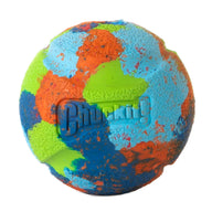 The Chuckit! EcoFetch Recycled Rubber Fetch Ball Medium features a textured surface with patches of blue, orange, green, and turquoise. Made from eco-friendly recycled rubber, it proudly bears the Chuckit! logo and is compatible with Chuckit! Launchers.