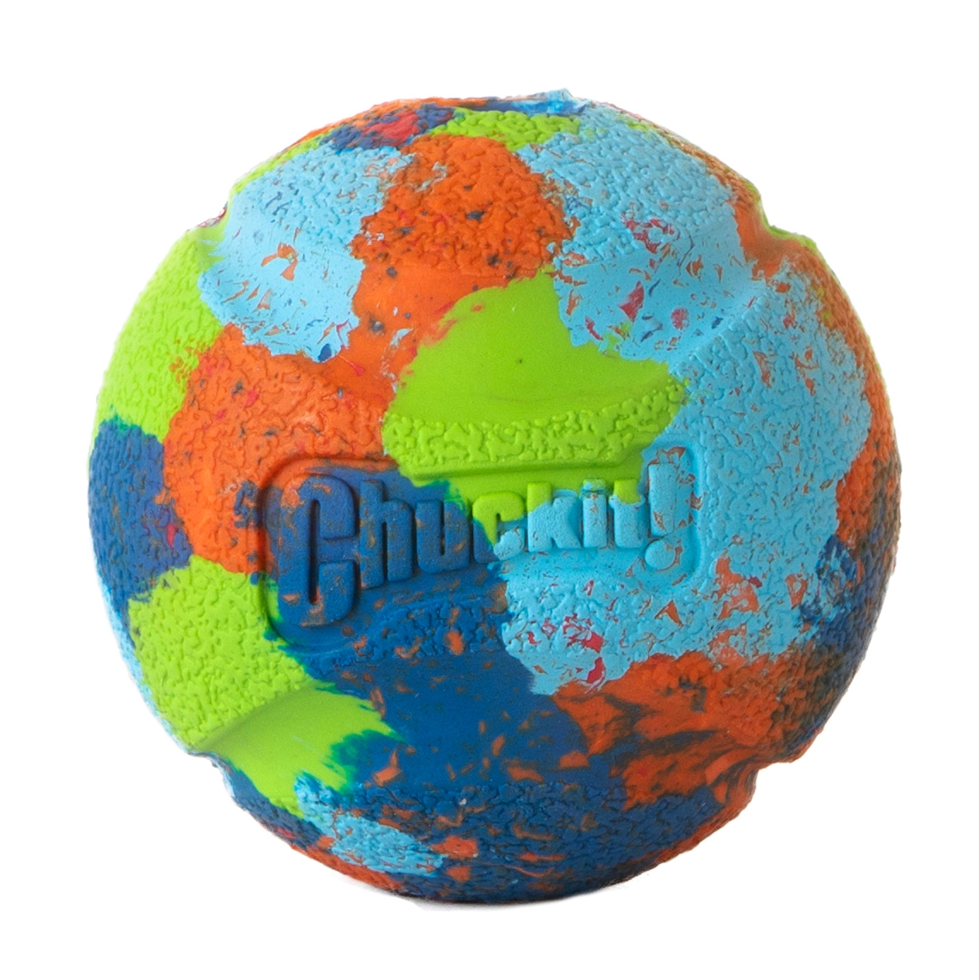 The Chuckit! EcoFetch Recycled Rubber Fetch Ball Medium features a textured surface with patches of blue, orange, green, and turquoise. Made from eco-friendly recycled rubber, it proudly bears the Chuckit! logo and is compatible with Chuckit! Launchers.