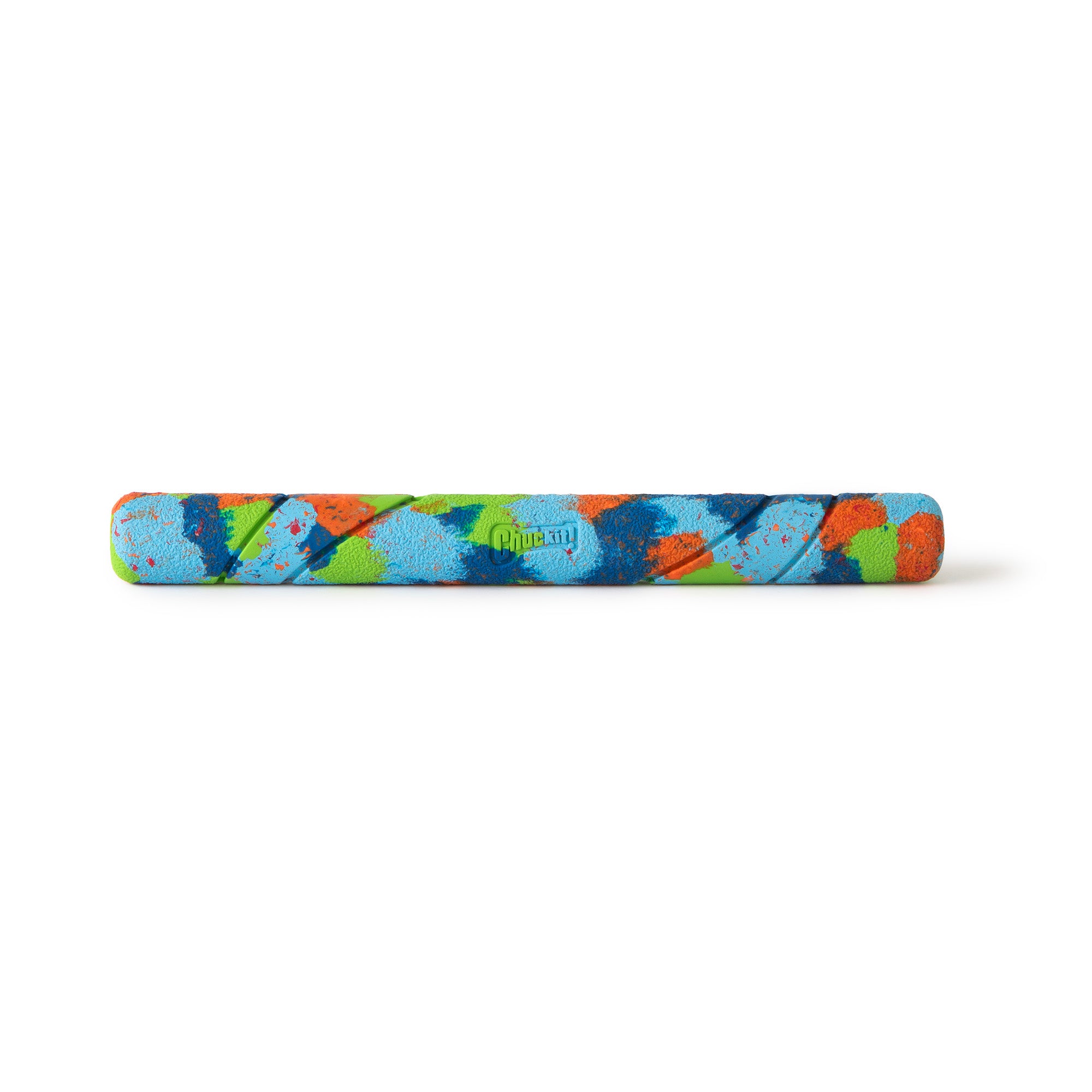 The Chuckit! EcoFetch Recycled Rubber Fetch Stick by Chuckit is a cylindrical toy crafted from recycled rubber, showcasing a vibrant abstract pattern in blue, orange, green, and gray on a crisp white background with a textured surface and logo at its center.