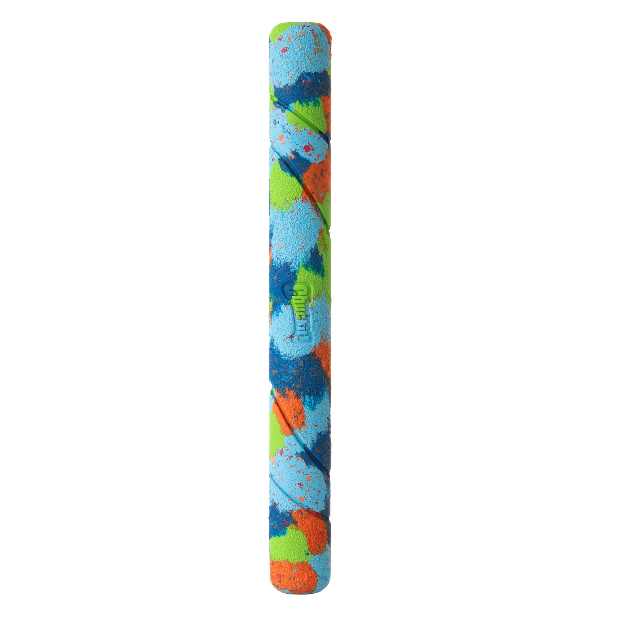 The Chuckit! EcoFetch Recycled Rubber Fetch Stick features a vibrant foam grip bar with a blue, green, and orange camo pattern and a centrally imprinted logo. Made from recycled rubber, it combines sustainability with bold colors.