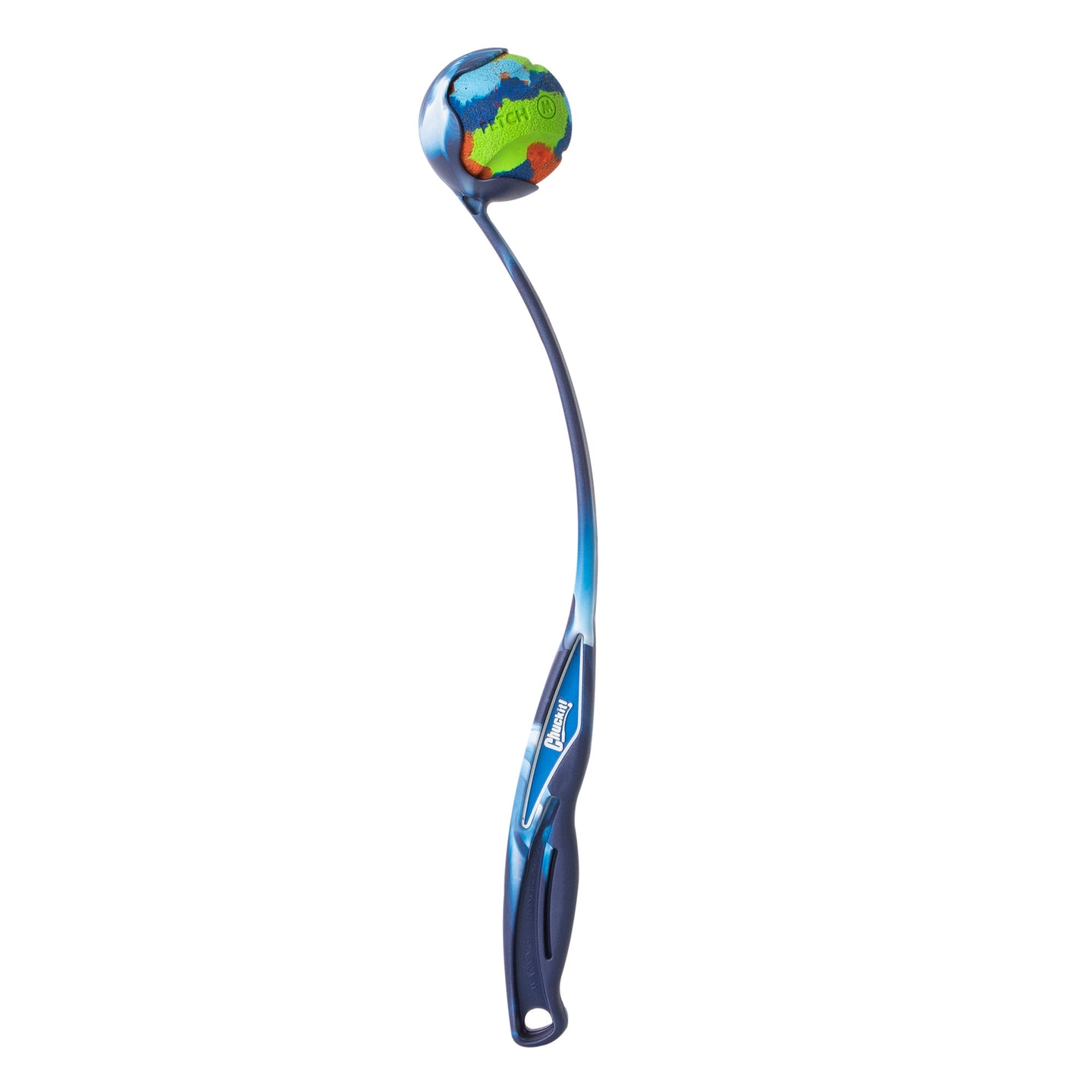 The Chuckit! EcoFetch Sport 18M Launcher, by Chuckit, is a blue dog ball launcher crafted from recycled materials. It features an ergonomic handle and includes a colorful globe-patterned tennis ball.