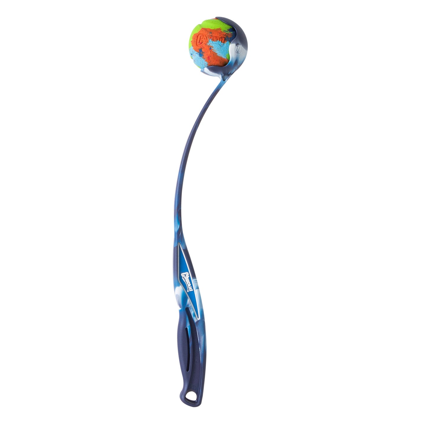 The Chuckit! EcoFetch Sport 18M Launcher by Chuckit, a blue, long, and curved dog ball thrower with a globe-patterned ball at the end, is made from recycled materials. It includes a handle with a hole for easy hanging or storage.