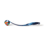 The Chuckit! EcoFetch Sport 18M Launcher by Chuckit is a blue plastic dog ball launcher, featuring an ergonomic handle and a colorful ball with a green paw design. Made from recycled materials, this eco-friendly toy enhances your throwing range effortlessly.