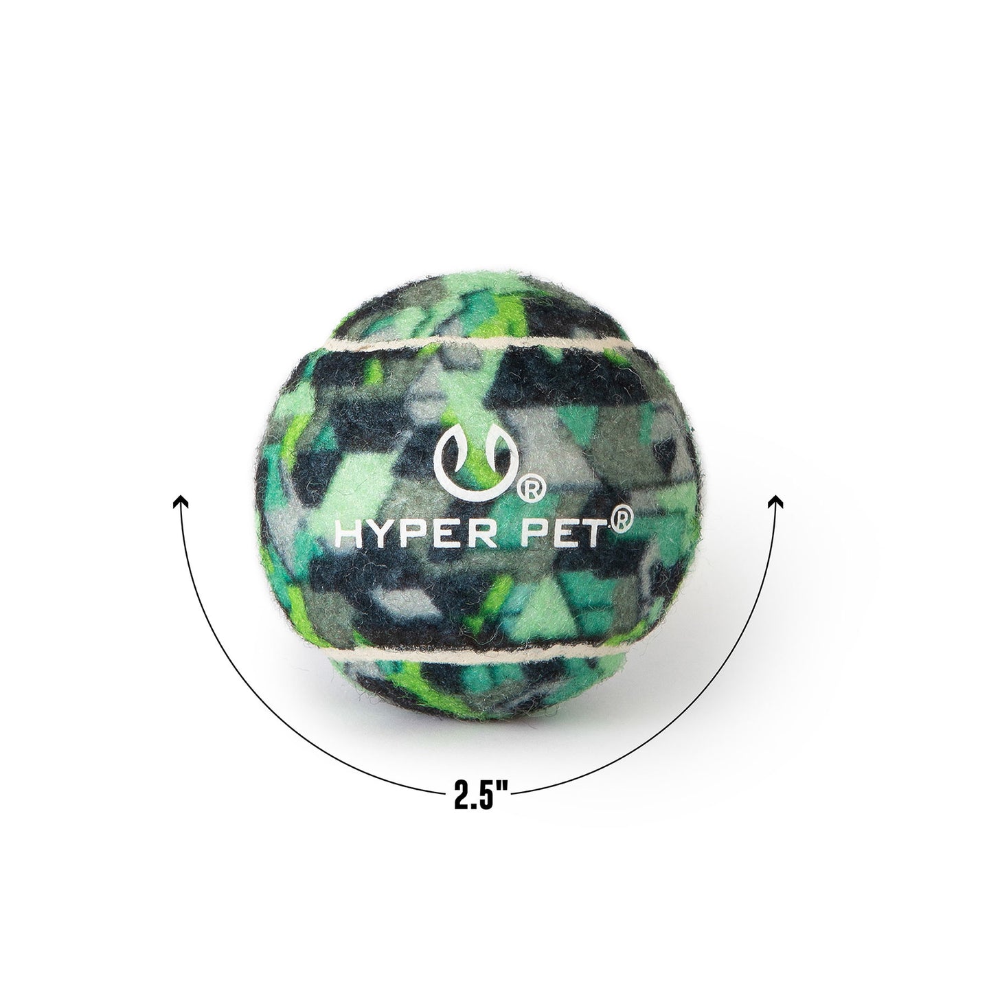 The Hyperpet Camo Tennis Ball 4 Pack includes 2.5-inch green/black camouflage balls with a logo, crafted for professional-grade play and ideal for the K9 Kannon launcher.
