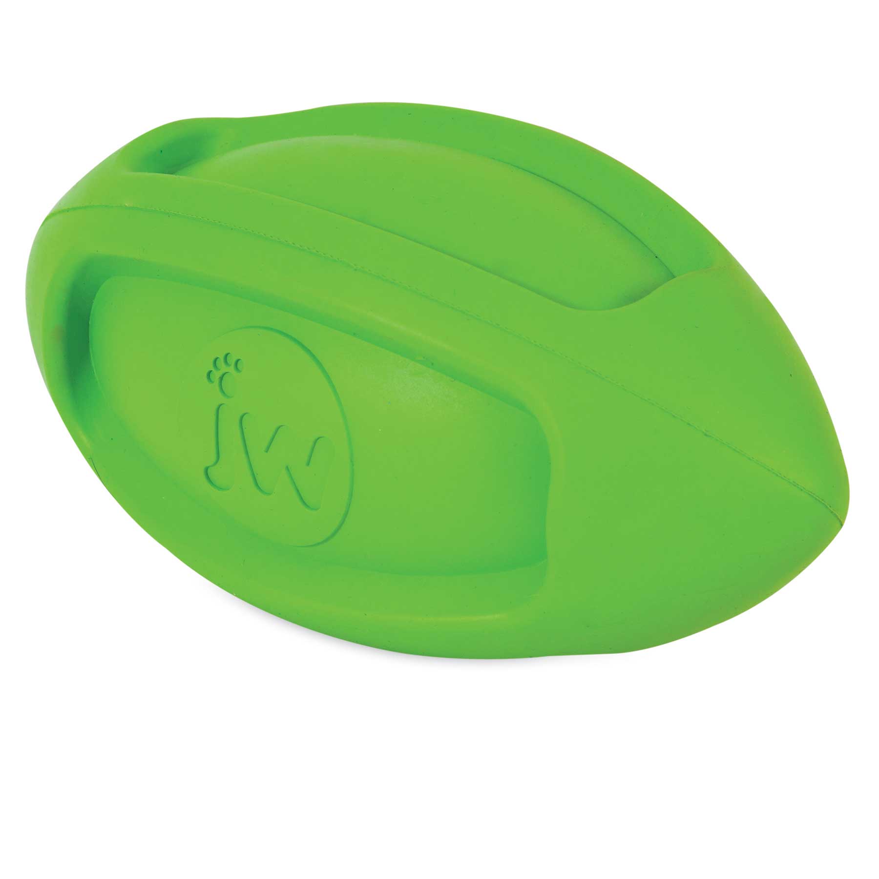 The JW iSqueak Funble Football Dog Toy by Jw is a bright green squeaky toy made of heavy-duty rubber, featuring grooves and an embossed logo on the side.