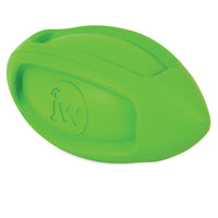 The JW iSqueak Funble Football Dog Toy by Jw is a bright green squeaky toy made of heavy-duty rubber, featuring grooves and an embossed logo on the side.
