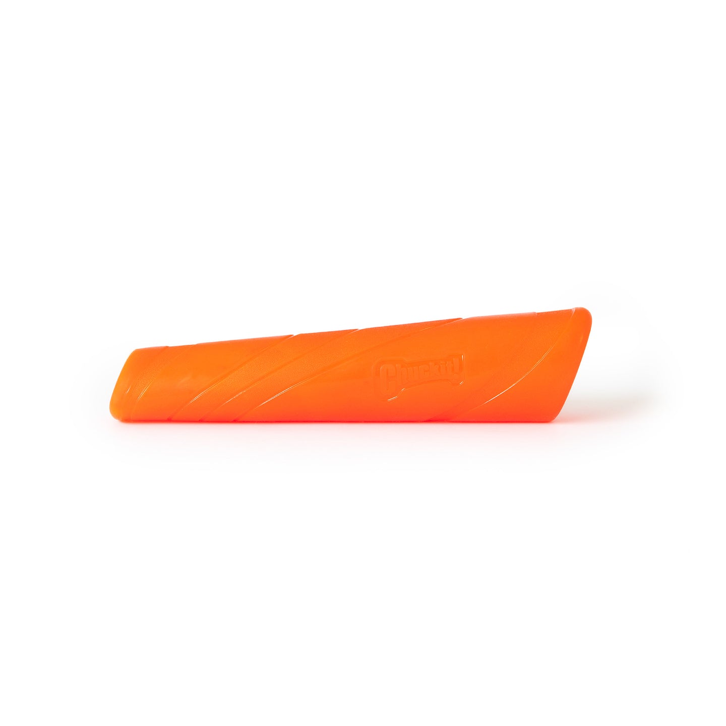 The Chuckit! Super Crunch Stick is a bright orange, elongated cone-shaped dog toy with the Chuckit logo. Made from durable TPR, it features a textured design and lies horizontally on a plain white background.