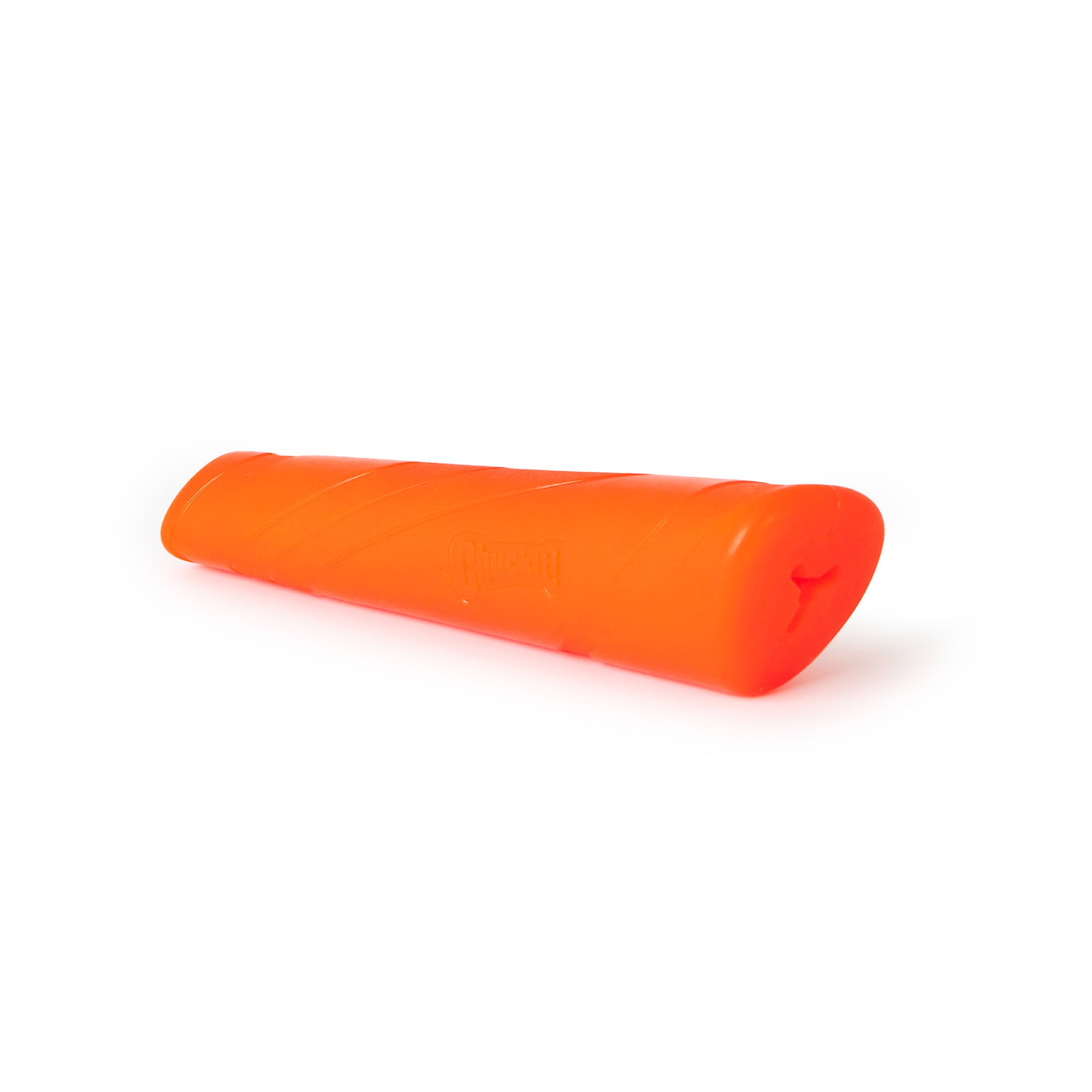 The Chuckit! Super Crunch Stick by Chuckit is an orange, elongated dog toy with textured grooves. Made from durable TPR, its a high-performance fetch toy featuring a small hole for treat insertion, offering engaging play and longevity for enthusiastic chewers.