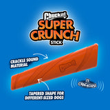 The Chuckit! Super Crunch Stick by Chuckit is showcased on a blue background, emphasizing its crackle sound material and durable TPR structure for high-performance fetch. Arrows highlight features, with It Crackles! marked by sound waves. Its tapered shape suits dogs of various sizes.