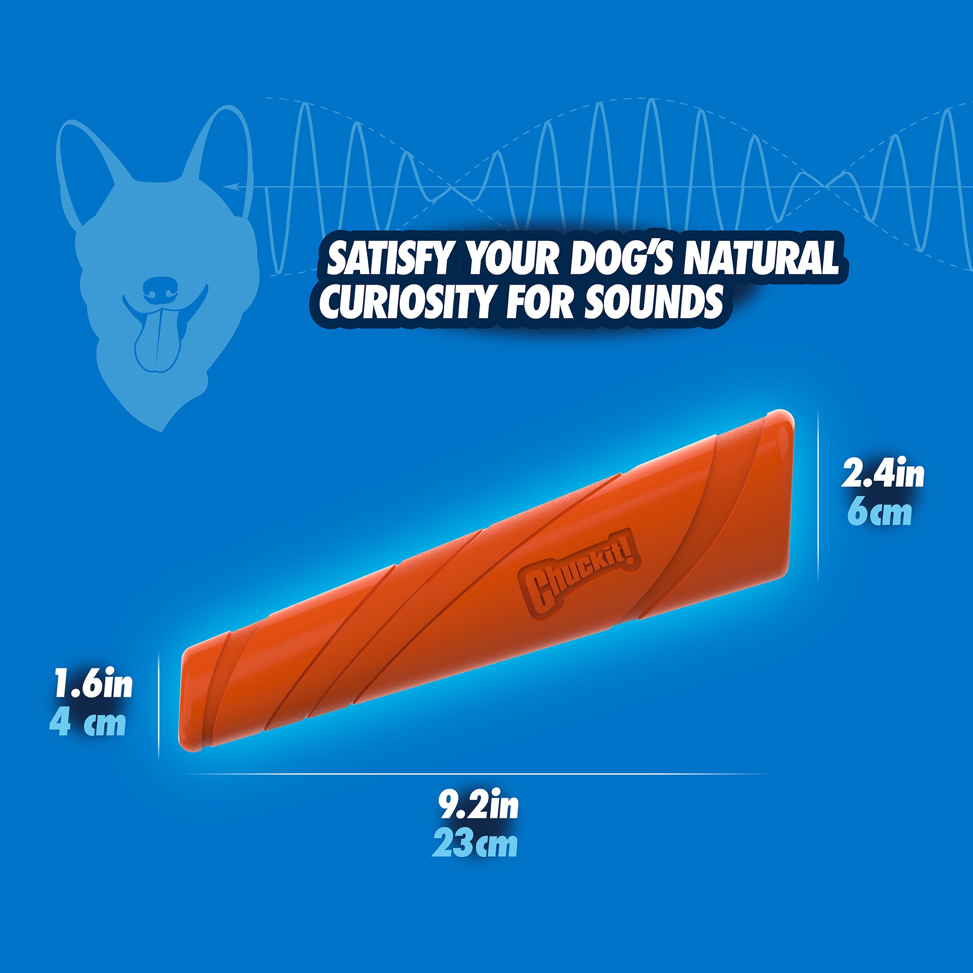 Crafted from durable TPR, the Chuckit! Super Crunch Stick by Chuckit is orange and measures 1.6in wide, 9.2in long, and 2.4in tall. Its background features a dog and DNA strand silhouette, perfect for high-performance fetch while satisfying your dogs natural curiosity for sounds.