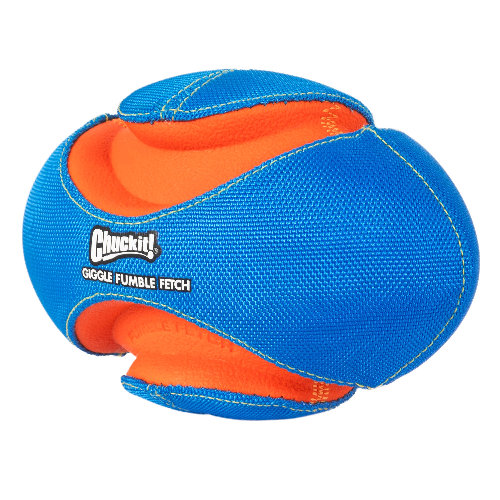 The Chuckit! Giggle Fumble Fetch dog toy by Chuckit features a colorful blue textured surface with a bright orange interior, designed for interactive play. It includes durable rubber bite zones and curved sections for easy gripping and playful interaction.