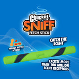 A bright green Chuckit! Sniff Fetch Stick Dog Toy by Chuckit is set against a blue backdrop. Made from natural rubber, it’s peanut butter scented with Catch The Scent and Excites More Than 100 Million Scent Receptors prominent.