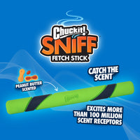 A bright green Chuckit! Sniff Fetch Stick Dog Toy by Chuckit is set against a blue backdrop. Made from natural rubber, it’s peanut butter scented with Catch The Scent and Excites More Than 100 Million Scent Receptors prominent.