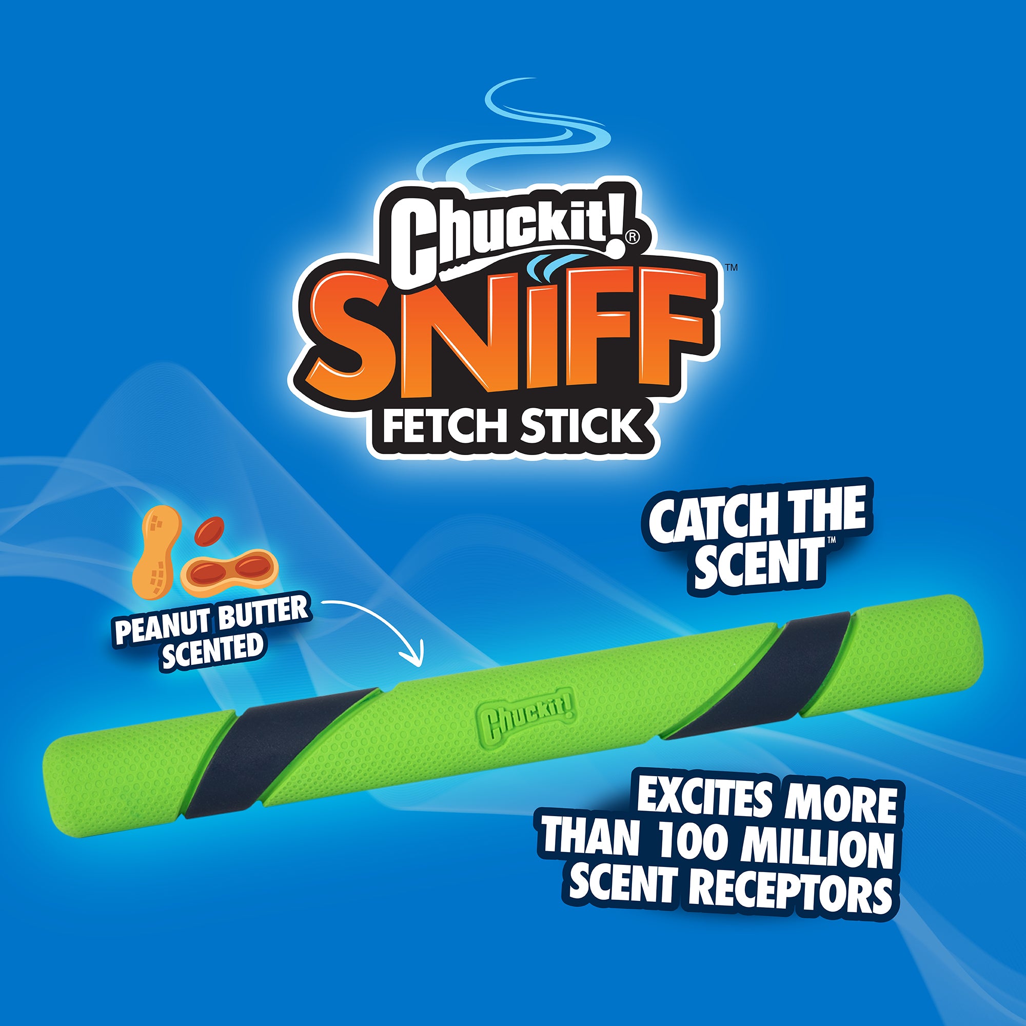 A bright green Chuckit! Sniff Fetch Stick Dog Toy by Chuckit is set against a blue backdrop. Made from natural rubber, it’s peanut butter scented with Catch The Scent and Excites More Than 100 Million Scent Receptors prominent.