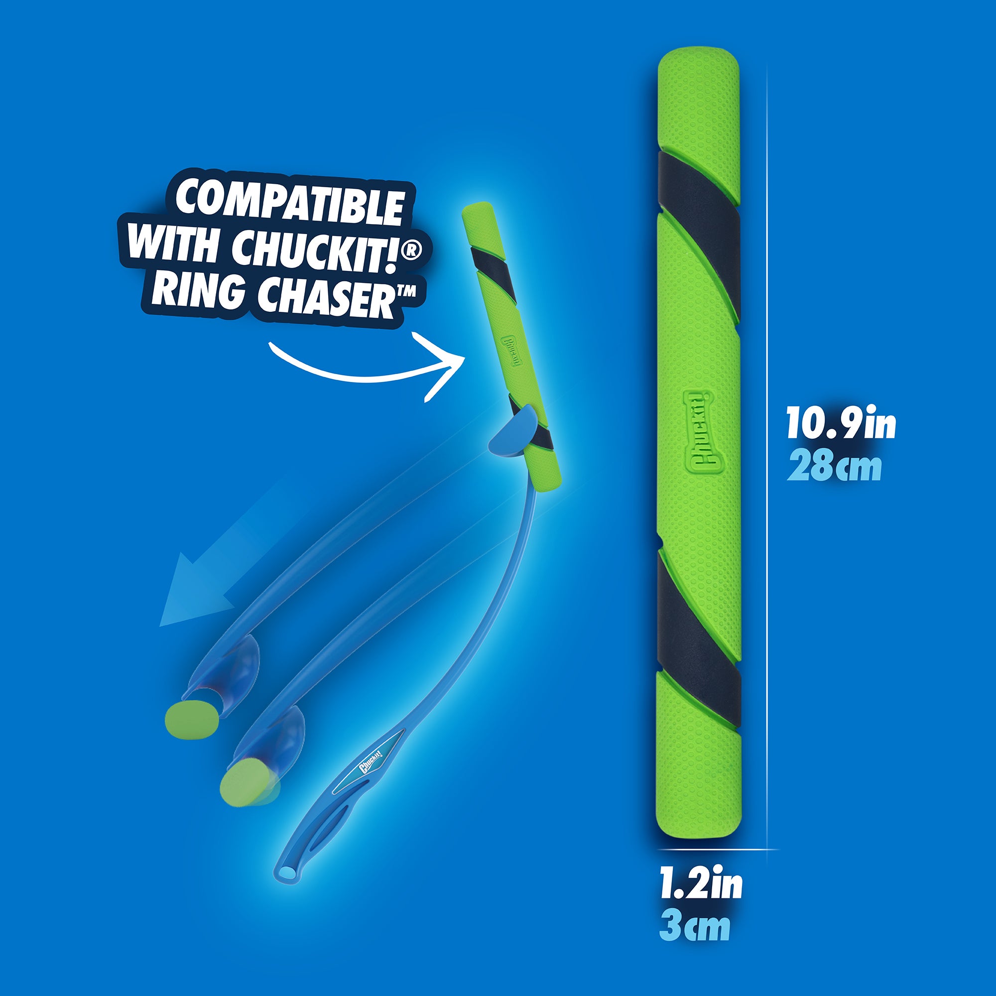 The Chuckit! Sniff Fetch Stick Dog Toy, crafted with natural rubber, measures 10.9 inches long and 1.2 inches thick. The image shows the toy in action against a blue backdrop, highlighting its dynamic play potential.