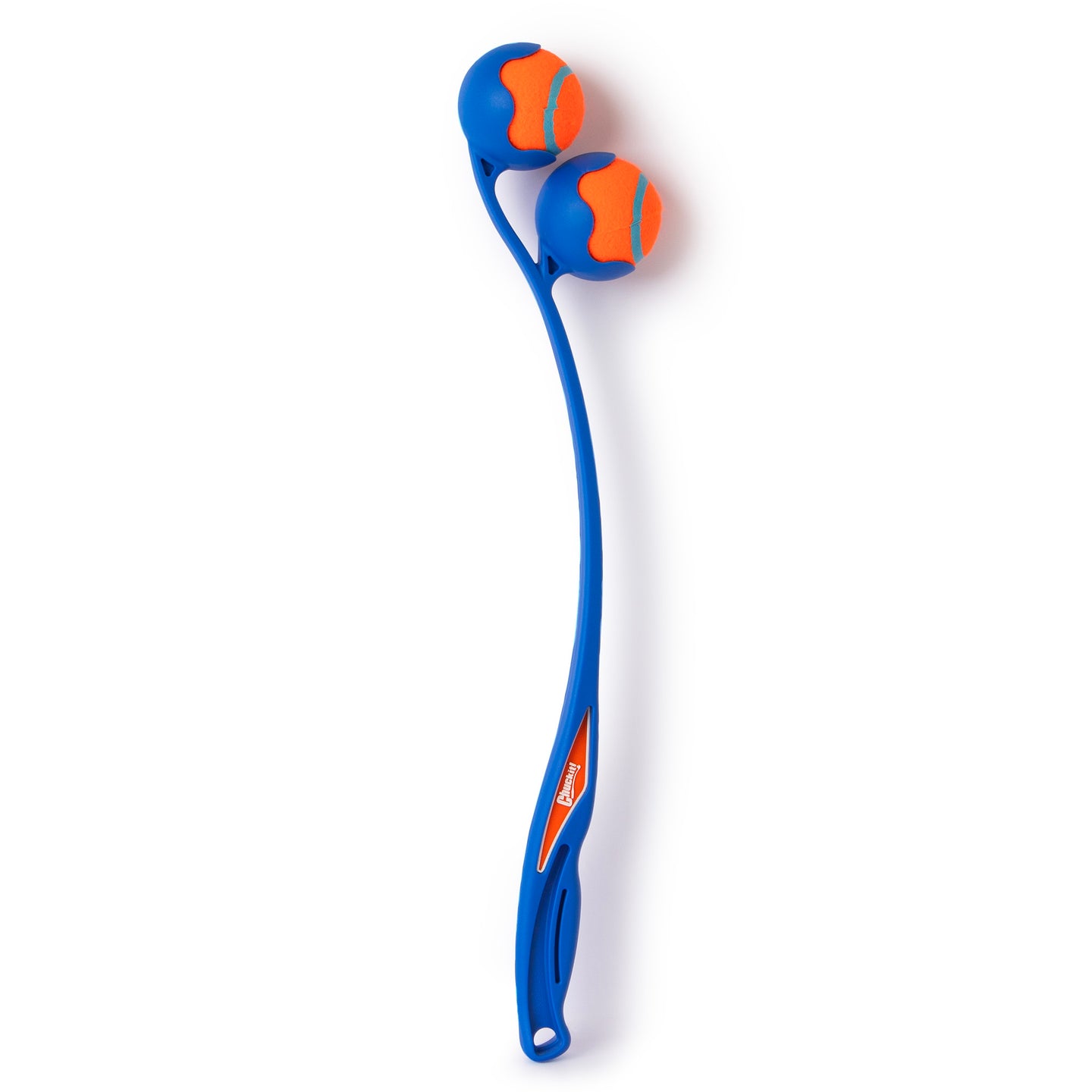 The Chuckit! 22M Double Launcher Dog Toy by Chuckit is a blue launcher with orange accents, allowing slobber-free ball pickup. It holds and throws two balls in a blue and orange pattern. The ergonomic, curved handle ensures easy handling, and the balls fit snugly in the sockets.