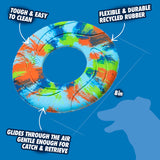 The Chuckit! EcoFetch Recycled Rubber Flyer, an eco-friendly dog toy, is a multicolored frisbee labeled tough and easy to clean. Made from flexible, durable recycled rubber, it measures 8 inches and is gentle for catch and retrieve, featuring a silhouette of a dog.