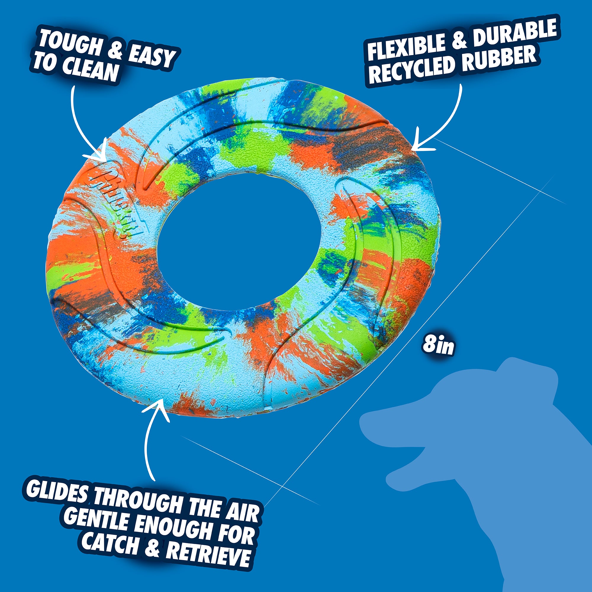 The Chuckit! EcoFetch Recycled Rubber Flyer, an eco-friendly dog toy, is a multicolored frisbee labeled tough and easy to clean. Made from flexible, durable recycled rubber, it measures 8 inches and is gentle for catch and retrieve, featuring a silhouette of a dog.