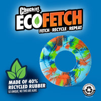 Check out the Chuckit! EcoFetch Recycled Rubber Flyer by Chuckit. Crafted from 40% recycled rubber, this durable toy has a center hole and displays Recycle, Fetch, Repeat. Enjoy sustainable playtime on its vibrant blue design.