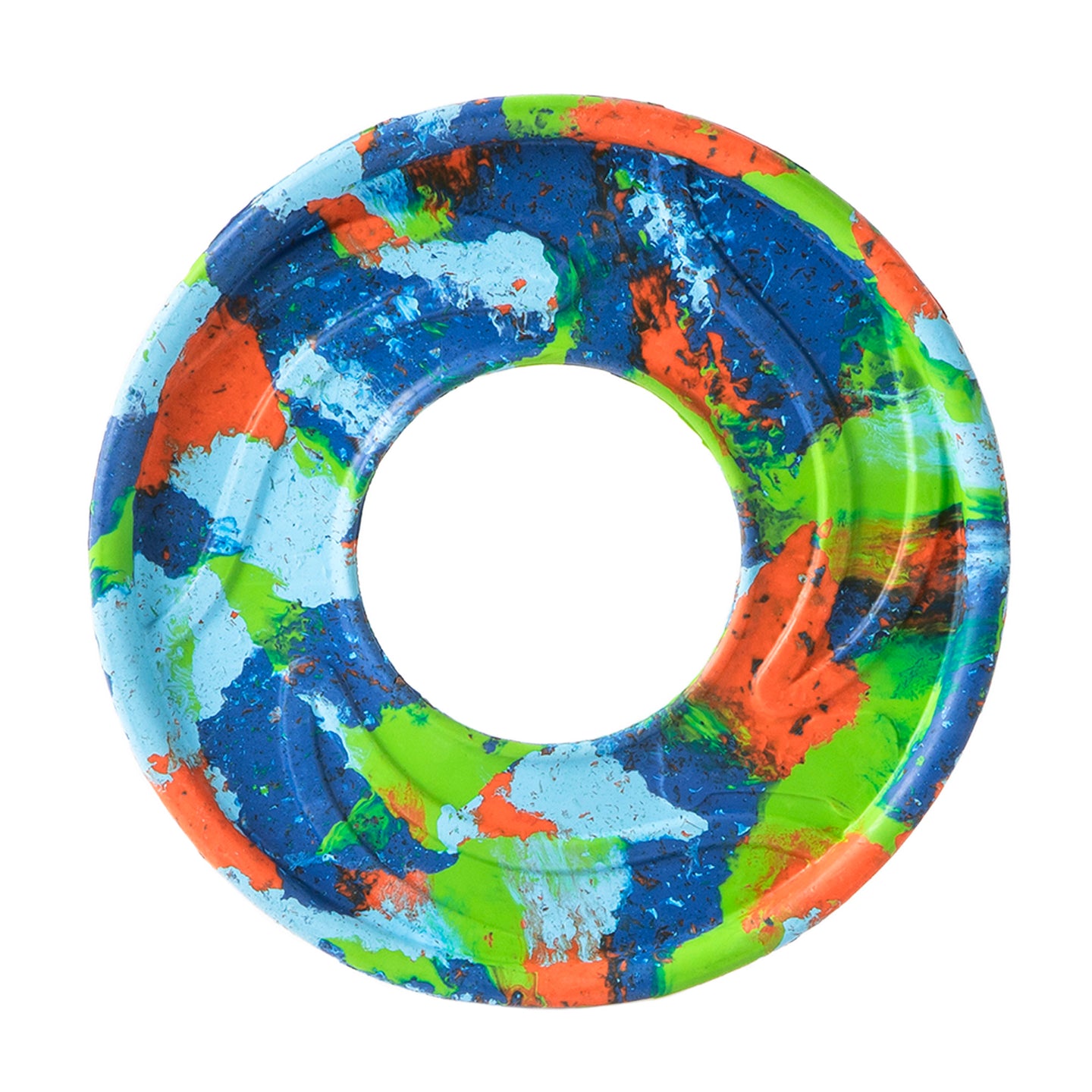 The Chuckit! EcoFetch Recycled Rubber Flyer from Chuckit is a round eco-friendly dog toy adorned with a vibrant, abstract splatter design in blue, orange, green, and light blue.