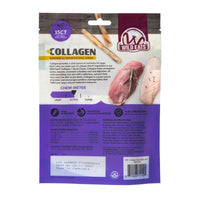 Back of a Wild Eats Duck Flavor Collagen Long Lasting Dog Chew Sticks package featuring product details, ingredients, benefits, feeding guidelines, a chew-meter, and images of beef and a collagen dog chew stick.