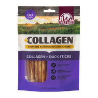 A 5.3 oz (150 g) bag of Wild Eats Duck Flavor Collagen Long Lasting Dog Chew Sticks, high-protein treats that promote digestion and offer 5-in-1 protection. From the brand Wild Eats.